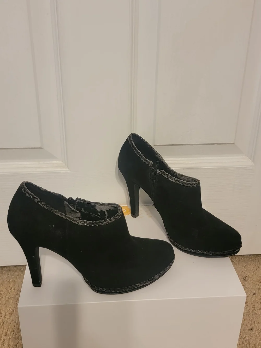 ANTONIO MELANI Black Suede Braided Trim High-Heel Ankle Booties